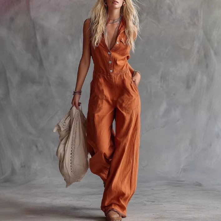 Street Fashion England - Jumpsuit Wanita Kasual Tanpa Lengan Model