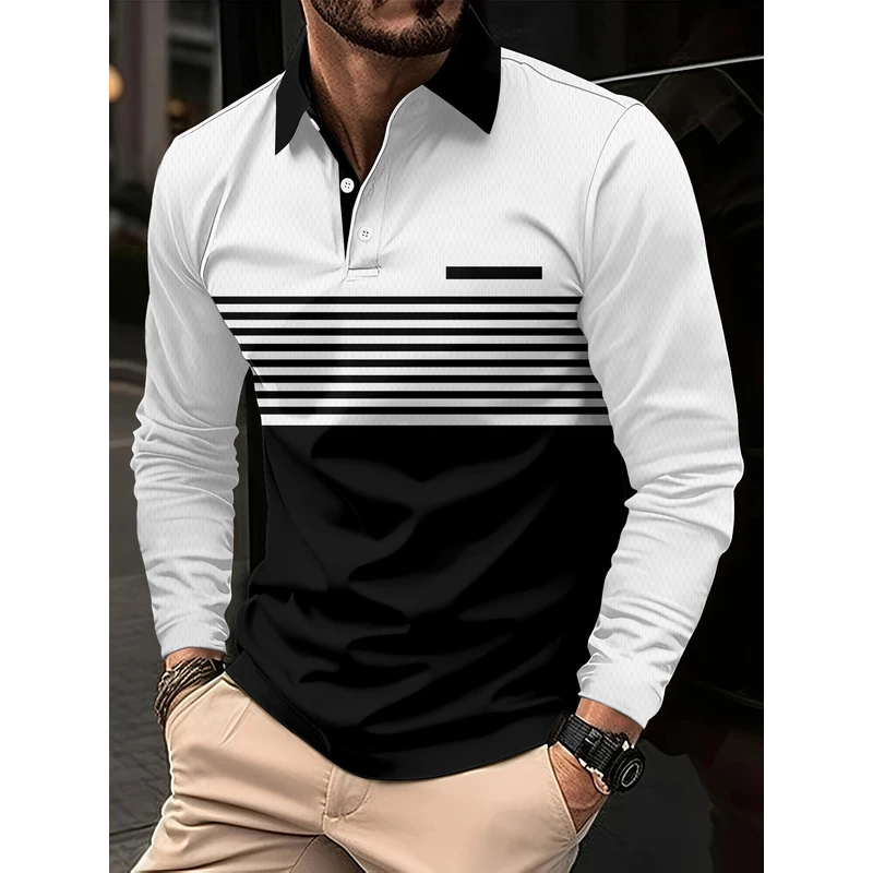 Street Fashion England - Kaos polo pria bermotif garis, kasual