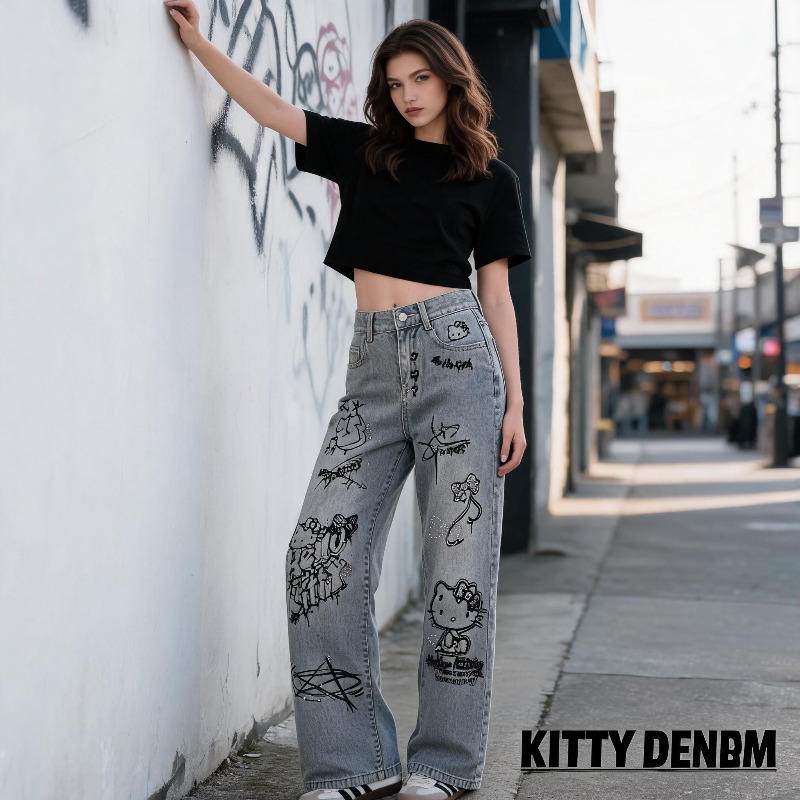 Jeans Wanita Bergaya Kartun Mi - Street Fashion Graffiti ulasan dan harga