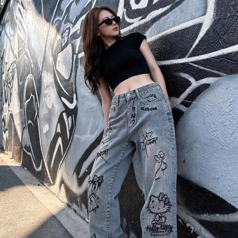 Jeans Wanita Bergaya Kartun Mi - Street Fashion Graffiti ulasan dan harga