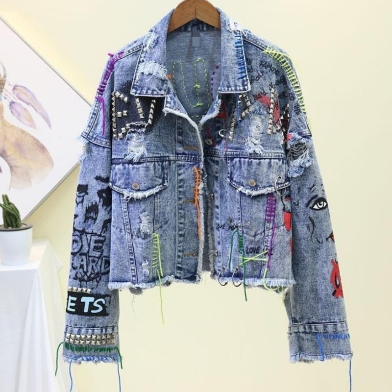 Jaket Pendek Denim Kasual Graf - Street Fashion Graffiti ulasan dan harga