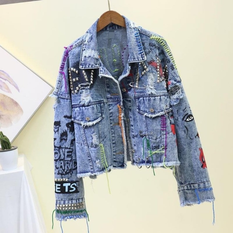 Jaket Pendek Denim Kasual Graf - Street Fashion Graffiti ulasan dan harga