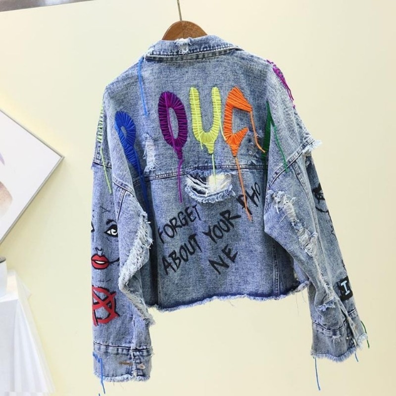 Jaket Pendek Denim Kasual Graf - Street Fashion Graffiti ulasan dan harga